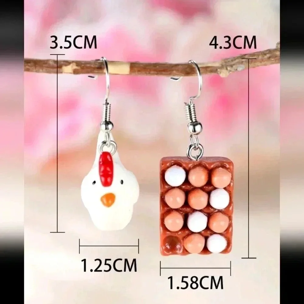 Chicken egg asymmetrical funny hen earrings jewelry fashion women's silver spark